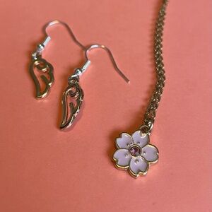 Pink Flower Necklace w/ Gold Wings Earrings Set